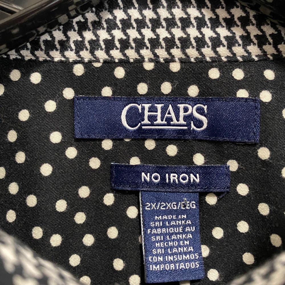 Chaps No Iron Shirt Womens 2X Black Polka Dot Houndstooth Button Up Flip Cuff - Picture 2 of 9